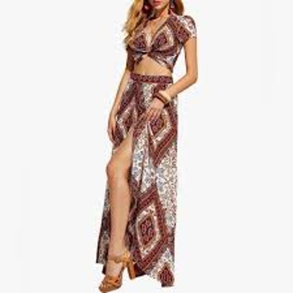 Shein Geo Print Twisted Crop Top & Maxi Skirt Set, Sz M